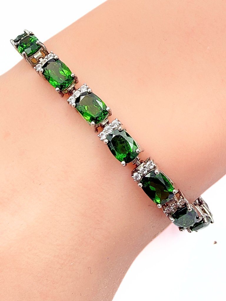 Fabulous Signed Stainless Steel Sterling Silver Green Tourmaline Tennis Bracelet
